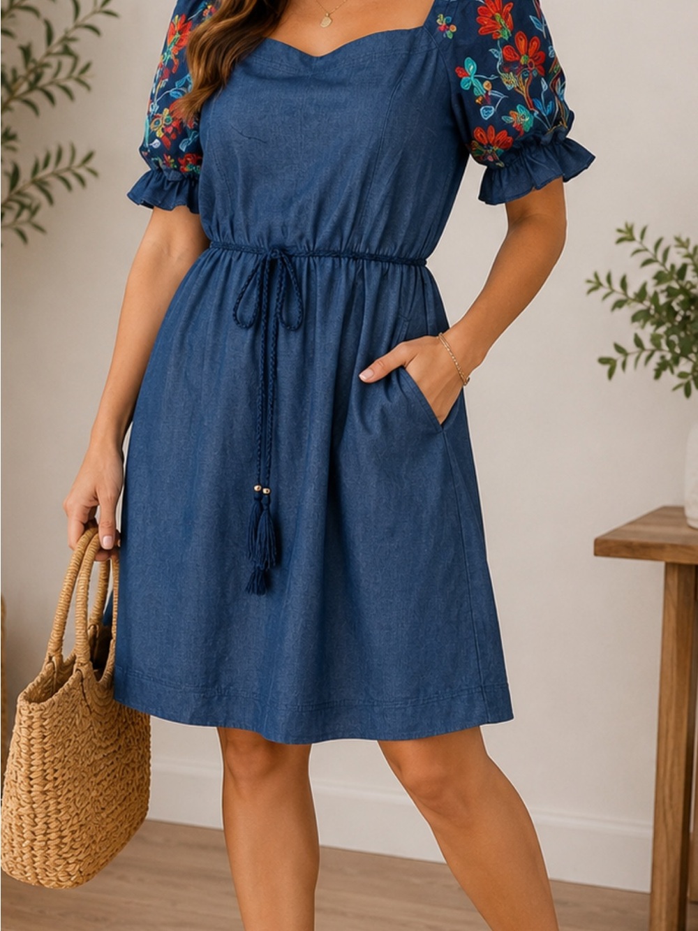 Robbie Bee Blue Denim Mini Dress with Floral Puff Sleeves